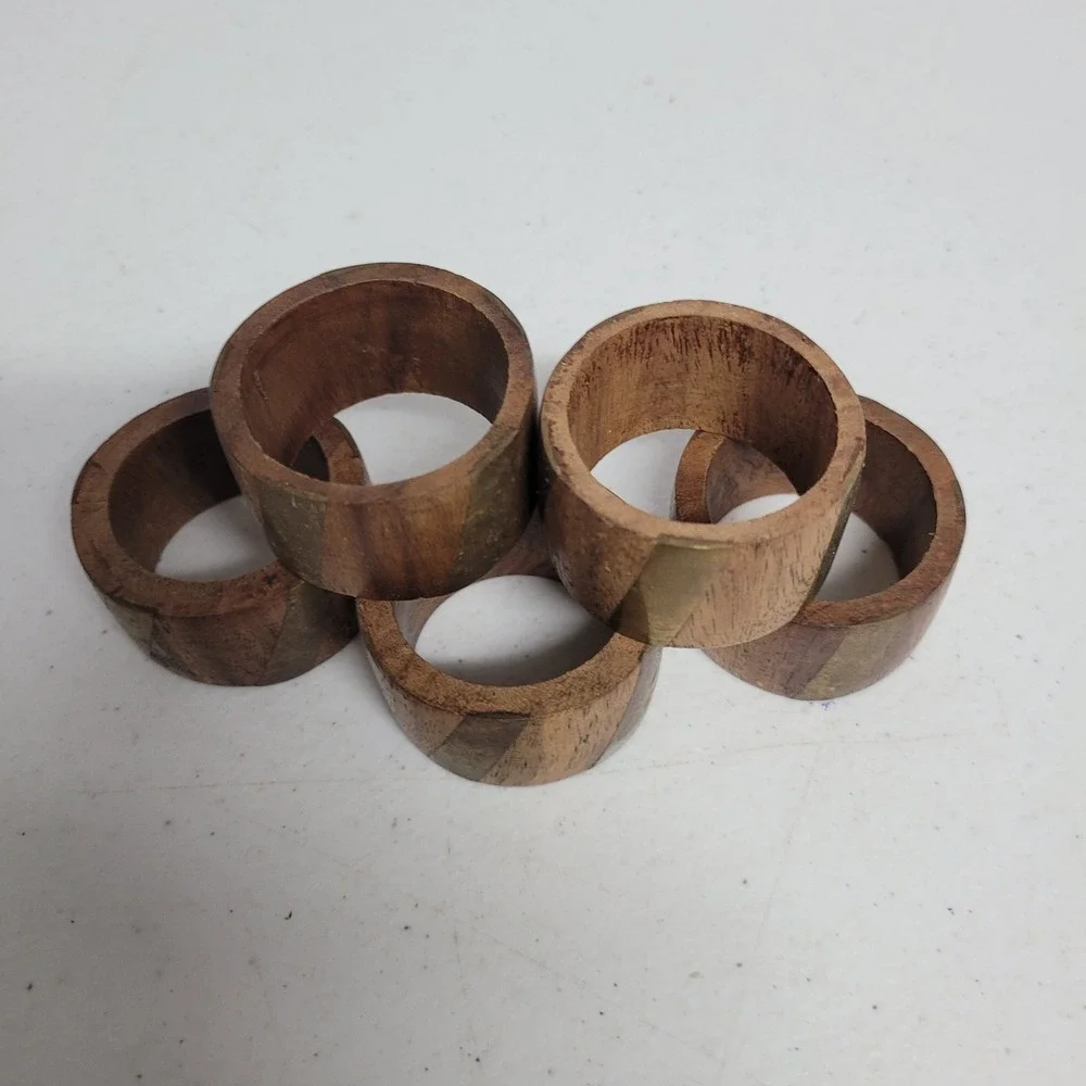 Vintage Wood and Brass Inlay Napkin Rings Set of 5 Brown Gold